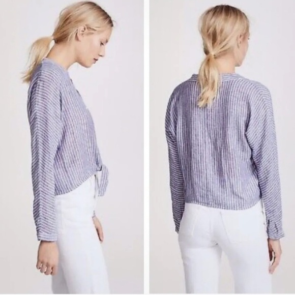 Rails Sloane Terrenas Stripe Tie Front Linen Shirt‎  Blue White Size Large - Picture 2 of 8